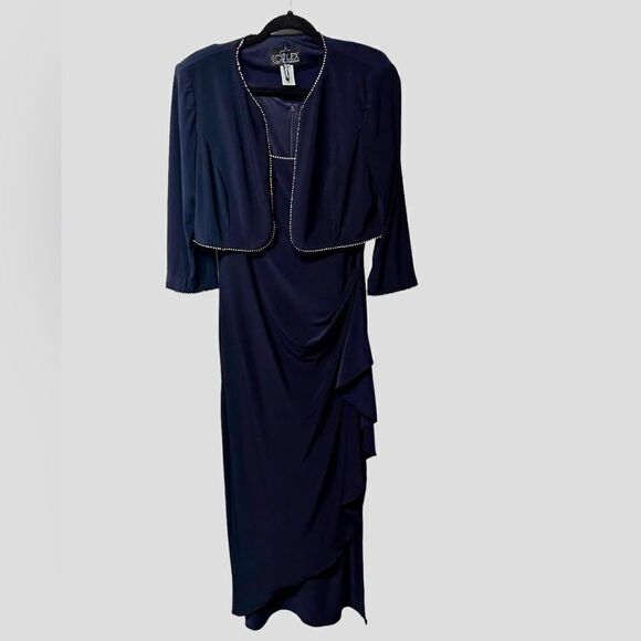Alex Evenings Dark Navy Blue Sleeveless Maxi Dress Matching Cover Up Sweater - Picture 1 of 6